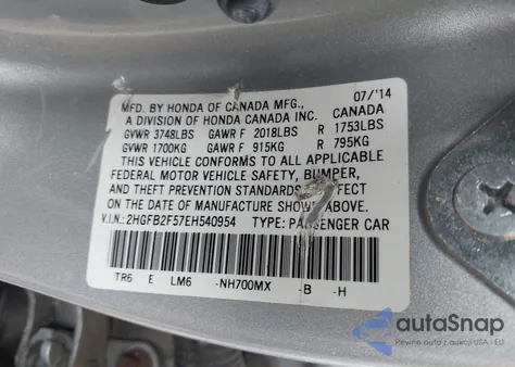 2014 Honda Civic Lx из США, поврежденный, VIN 2HGFB2F57EH540954